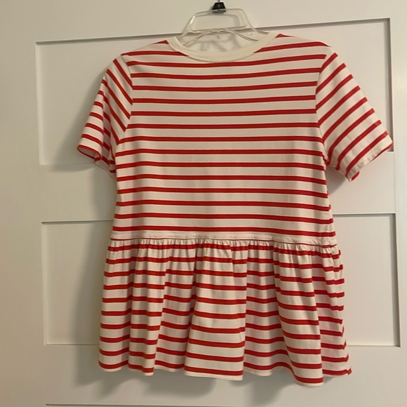 Zara Tops - Zara Red Cream Striped Peplum Ruffle Hem Short Sleeve T-Shirt Top